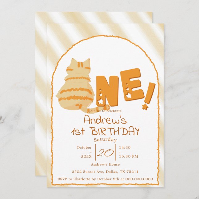 Invitation Cute Fat Orange Cat 1st Birthday (Devant / Derrière)