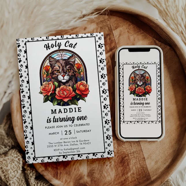 Invitation Cute Fille Chat Premier Anniversaire (Créateur téléchargé)