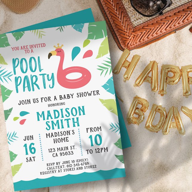 Invitation Cute Flamingo Tropical  Pool Party Baby Shower (Créateur téléchargé)