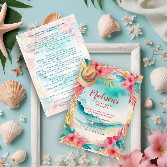 Invitation Cute Floral Beach Cowgirl Hat Coastal Bachelorette (Cute Floral Beach & Cowgirl Hat Coastal Bachelorette Invitations Cards in Turquoise & Pink. )