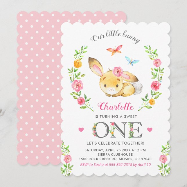 Invitation Cute Floral Bunny Girl 1ère fête d'anniversaire (Devant / Derrière)