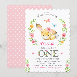 Invitation Cute Floral Bunny Girl 1ère fête d'anniversaire