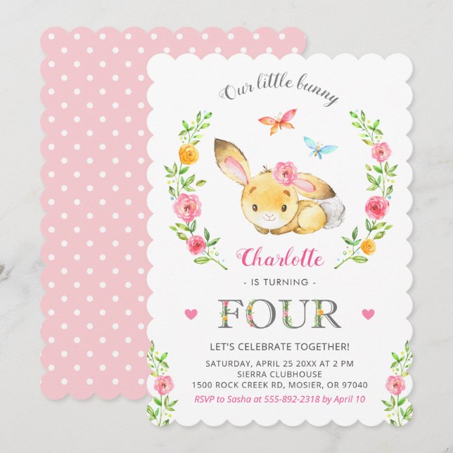 Invitation Cute Floral Bunny Girl 4e Quatrième 4 fête d'anniv (Devant / Derrière)
