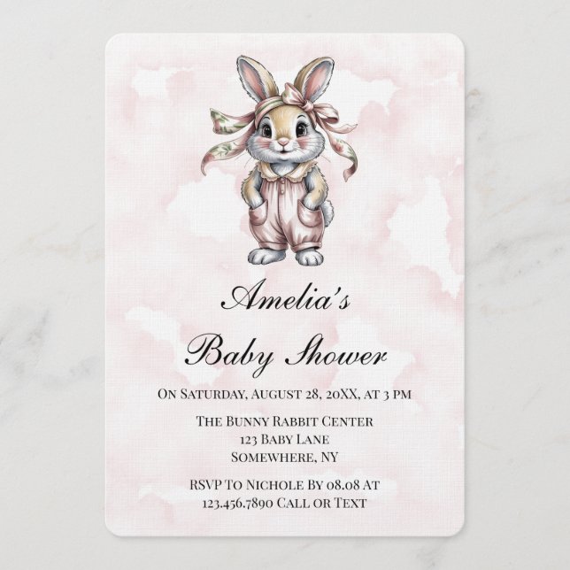 Invitation Cute Floral Bunny Girl Baby Shower  (Devant)