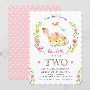 Invitation Cute Floral Bunny Girls 2ème fête d'anniversaire