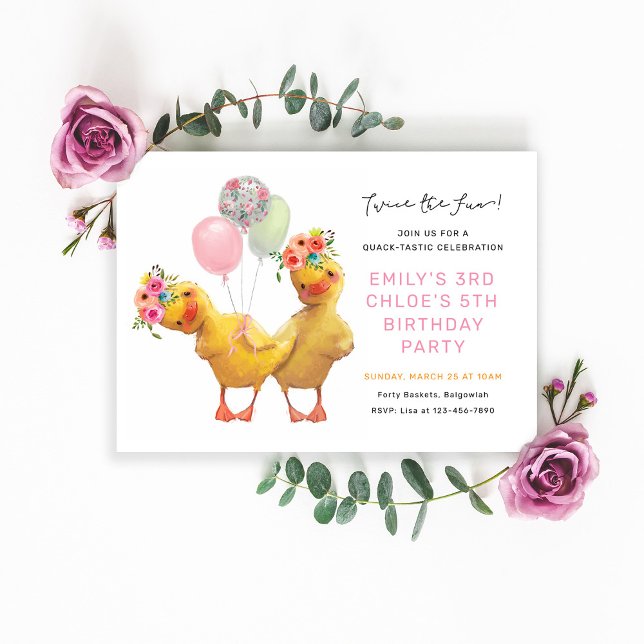 Invitation Cute Floral Ducks Joint Birthday Party (Créateur téléchargé)