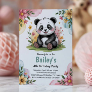 Invitation Cute Floral Enfants Panda 4e fête d'anniversaire