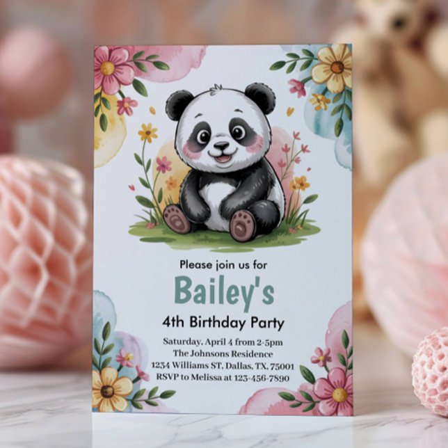 Invitation Cute Floral Enfants Panda 4e fête d'anniversaire (Créateur téléchargé)