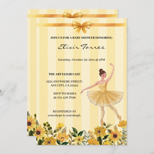 Invitation Cute Floral Jaune Ballerina  Baby shower (Devant / Derrière)