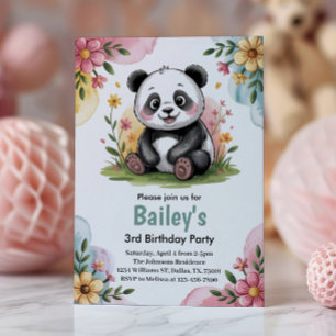 Invitation Cute Floral Kids Panda 3e fête d'anniversaire