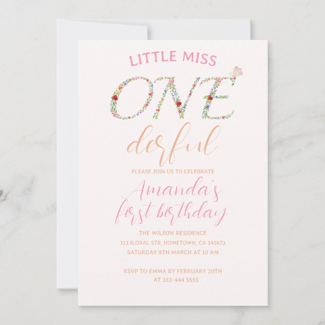 Invitation Cute Floral Premier Anniversaire Little Miss ONE D (Devant)
