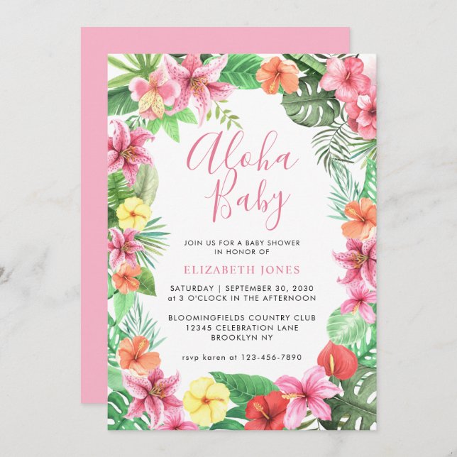 Invitation Cute Floral Tropical Summer Pink Aloha Baby shower (Devant / Derrière)