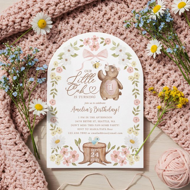 Invitation Cute Floral Woodland Ours Little Cub 1er Anniversa (Cute Floral Woodland Bear Little Cub 1st Birthday Invitation)