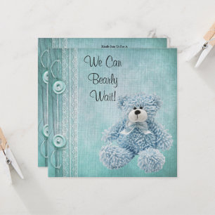 Invitation Cute Fluffy Baby shower bleu Teddy