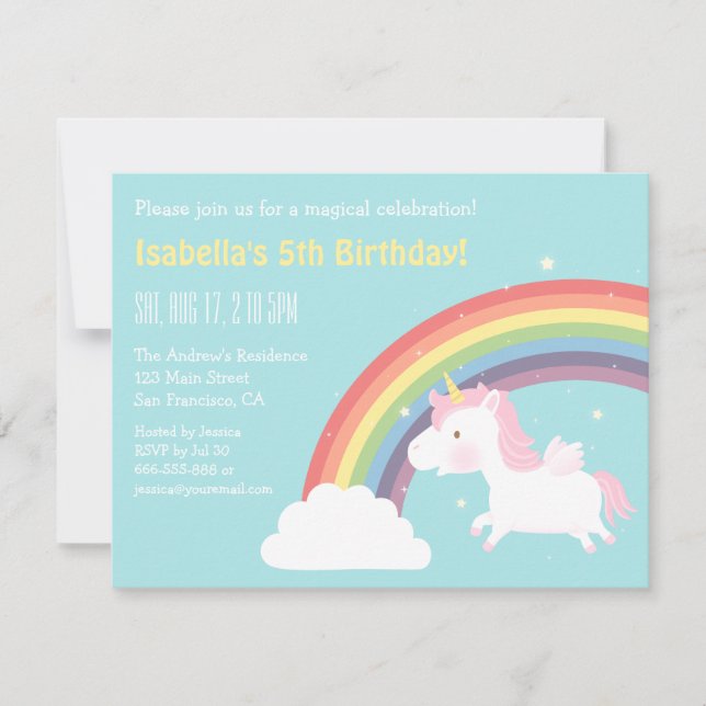 Invitation Cute Flying Unicorn Rainbow Girls Birthday Party (Devant)