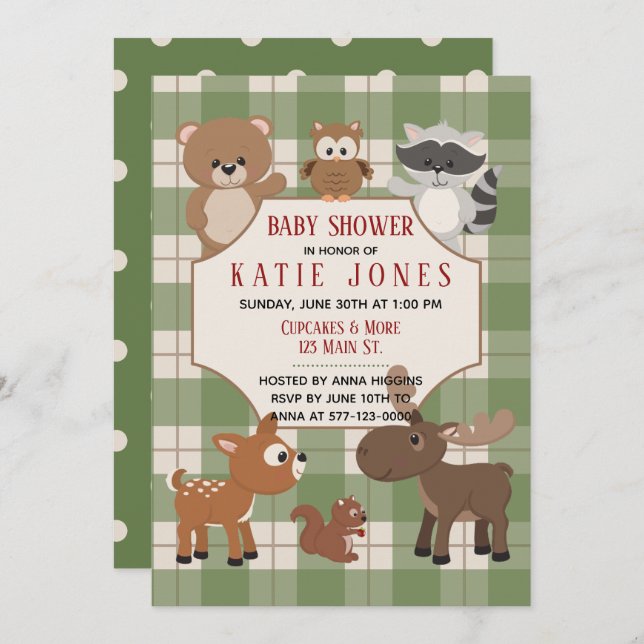 Invitation Cute Forest Animals Green Plaid Baby shower Invita (Devant / Derrière)