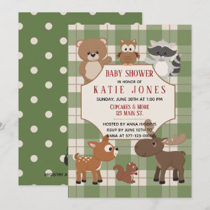 Invitation Cute Forest Animals Green Plaid Baby shower Invita