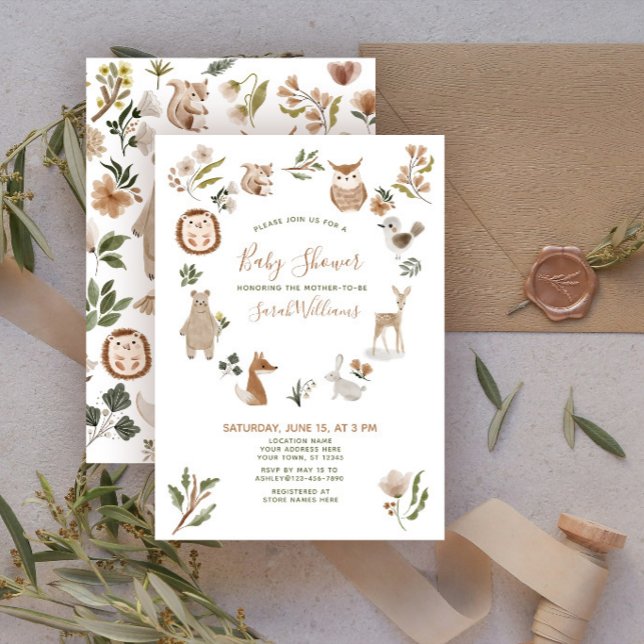 Invitation Cute Forest Animals Script Boho Baby Shower  (Créateur téléchargé)