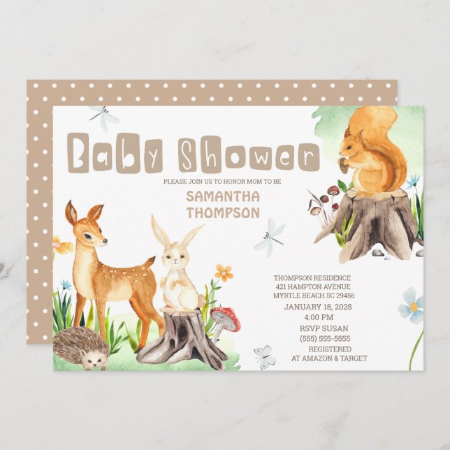 Invitation Cute Forest Animaux Baby shower Garçons (Devant / Derrière)
