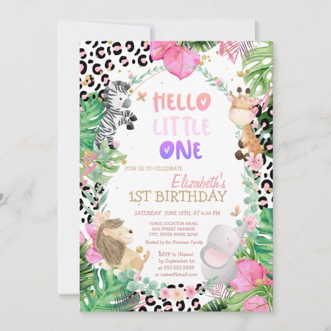 Invitation Cute Forest Animaux Feuilles tropicaux 1er anniver (Devant)