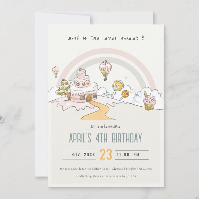 Invitation Cute Four Ever Sweet Candy Land 4e anniversaire (Devant)