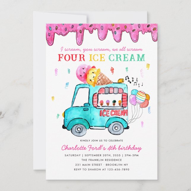 Invitation Cute Four Ice Cream Camion 4e Anniversaire de enfa (Devant)