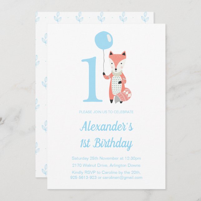 Invitation Cute Fox & Balloon Bleu 1er anniversaire (Devant / Derrière)
