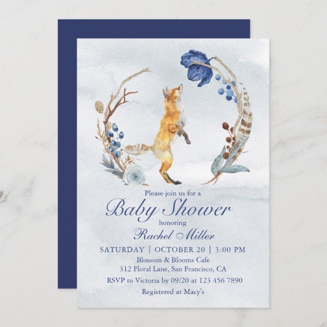 Invitation Cute Fox bois aquarelle Baby shower Floral (Devant / Derrière)