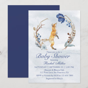 Invitation Cute Fox bois aquarelle Baby shower Floral