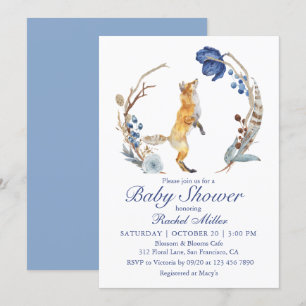 Invitation Cute Fox bois aquarelle Baby shower Floral