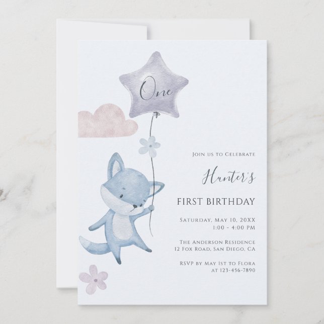Invitation Cute Fox Flying Balloon Boy First Birthday Party (Devant)