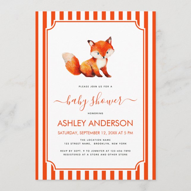 Invitation Cute Fox Girl Baby Shower Watercolor & Red Stripes (Devant)
