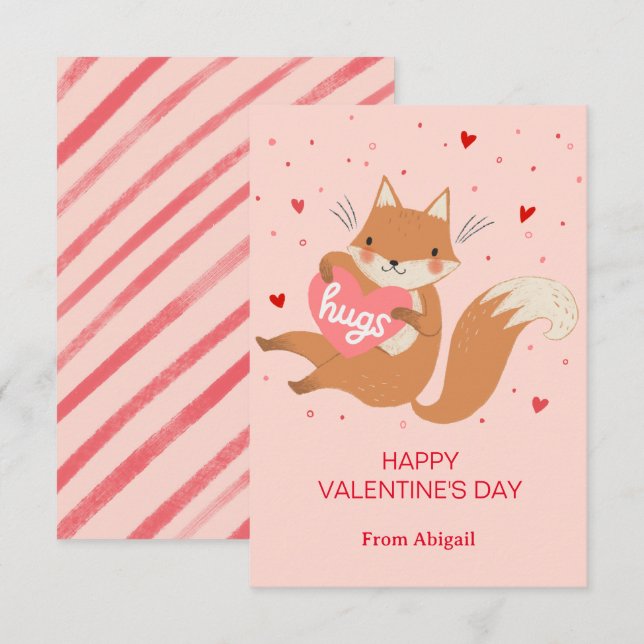 Invitation Cute Fox Kids Classroom Valentine Note Card (Devant / Derrière)