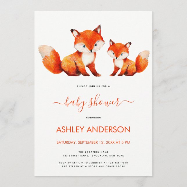 Invitation Cute Fox Mama and Baby Shower Red Watercolor  (Devant)