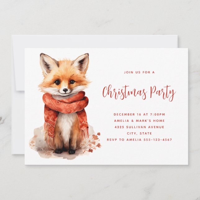 Invitation Cute Fox Pup in a Red Scarf Christmas (Devant)