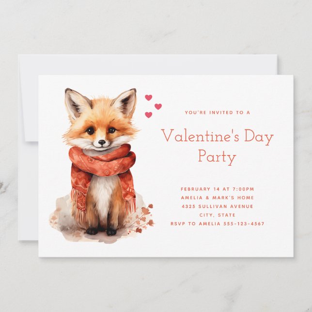 Invitation Cute Fox Pup in a Red Scarf Valentine's Day (Devant)