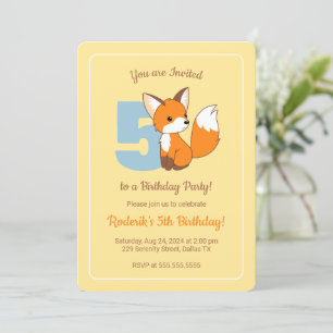 Invitation Cute Fox sur Yellow Kids 5e anniversaire