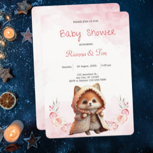 Invitation Cute Fox Woodland Animaux Baby shower rose Floral