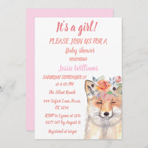 Invitation Cute Fox Woodland Animaux rose Rustique bébé fille