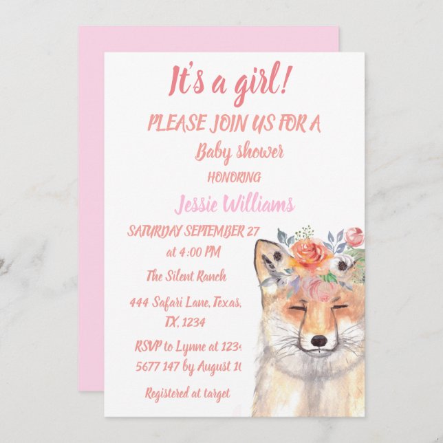 Invitation Cute Fox Woodland Animaux rose Rustique bébé fille (Devant / Derrière)