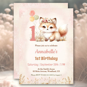 Invitation Cute Fox Woodland Boho Pastel Girl 1er anniversair