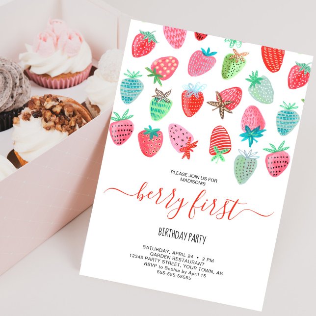 Invitation Cute fraise fille baies fête de premier anniversai (Cute Strawberry girl berry first birthday party Invitation)
