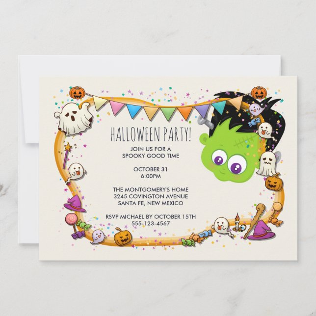 Invitation Cute Frankenstein Monster & Halloween Frame Party (Devant)