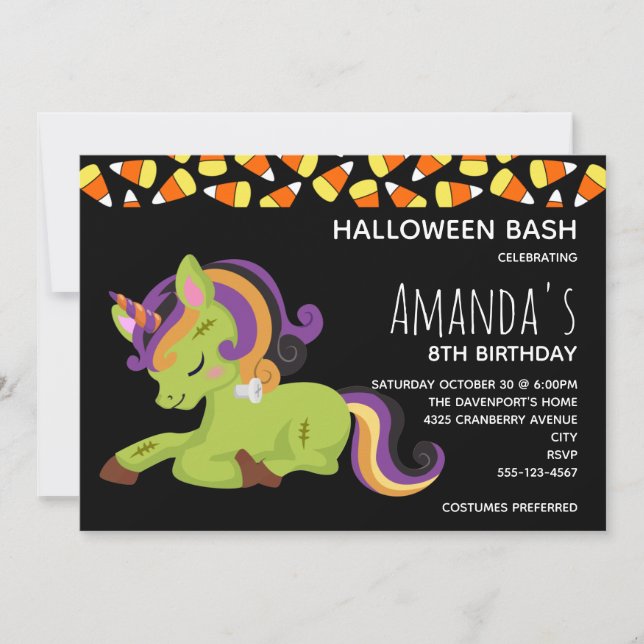 Invitation Cute Frankenstein Unicorn Halloween Anniversaire (Devant)
