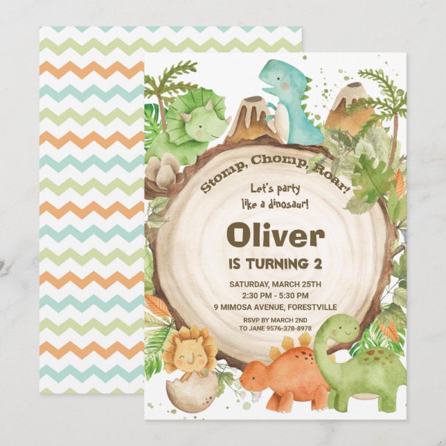 Invitation Cute Friendly Dinosaur Boys 1ère fête d'anniversai (Devant / Derrière)
