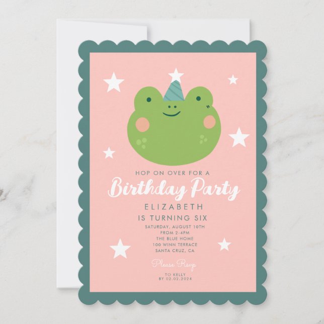 Invitation Cute Frog rose vert pourpre Étoiles Anniversaire (Devant)