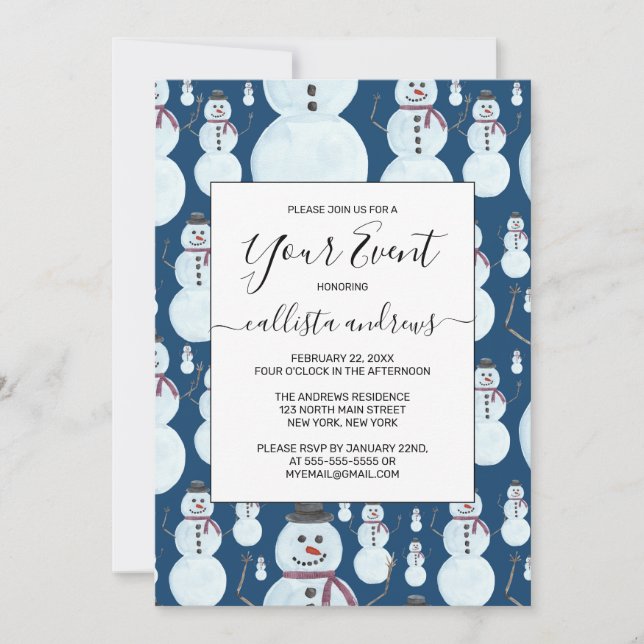 Invitation Cute Frosty Blue Snowman Motif d'aquarelle (Devant)