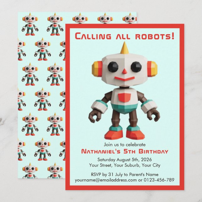Invitation Cute Fun Robot Kid's Birthday (Devant / Derrière)
