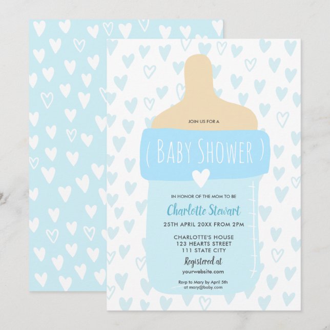 Invitation Cute garçon bleu coeurs bébé baby shower bouteille (Devant / Derrière)