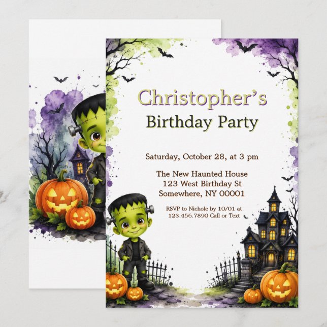 Invitation Cute Garçon Frankenstein Halloween Fête d'annivers (Devant / Derrière)
